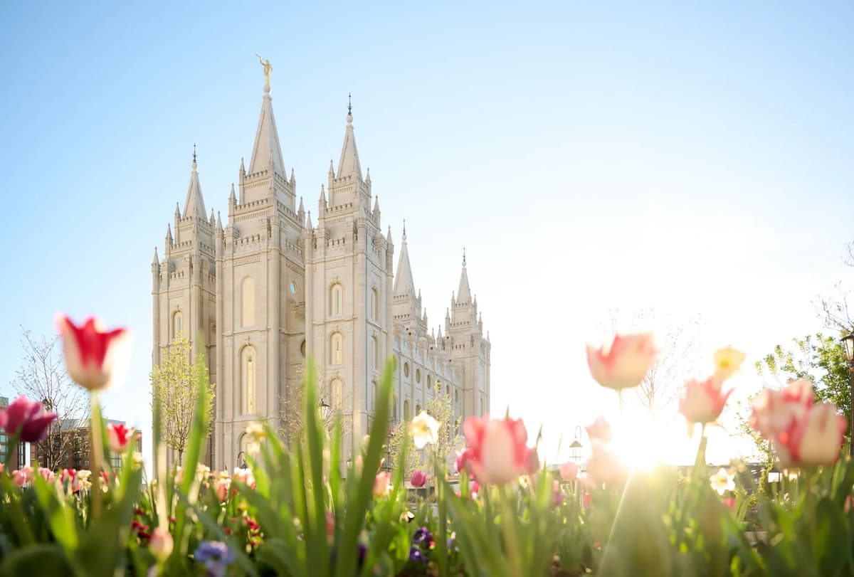 Salt Lake Temple in spring, with tulips in the foreground
